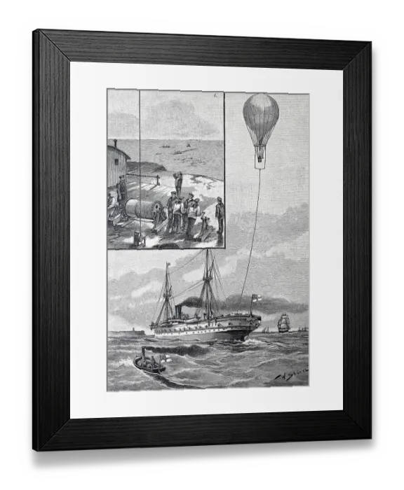 Framed Print : Experiments with the tethered balloon on the sea near Helgoland, Germany, Historical, digital reproduction of an original from the 19th century Framed Print : Experiments with the tethered balloon on the sea near Helgoland, Germany, Historical, digital reproduction of an original from the 19th century