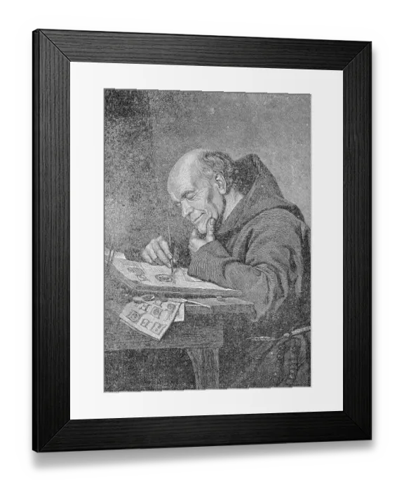 Framed Print : Amused monk writing in a lonely hermitage, 1881, Germany, Historic, digital reproduction of an original 19th-century painting Framed Print : Amused monk writing in a lonely hermitage, 1881, Germany, Historic, digital reproduction of an original 19th-century painting