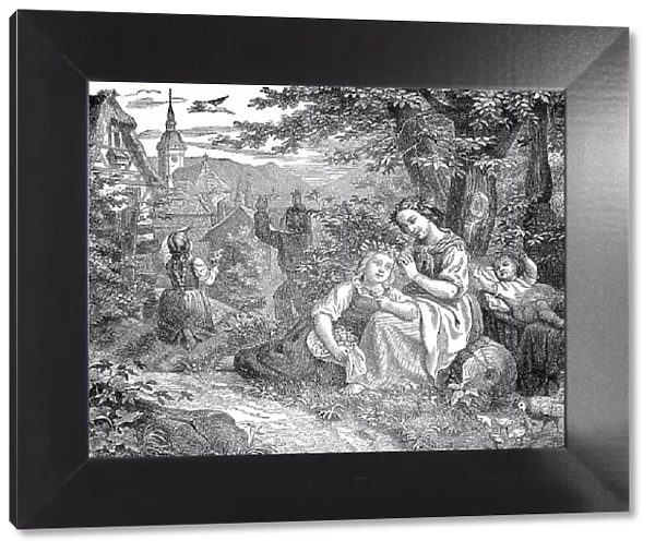 Pentecost outdoors, family with children in nature, family having a picnic with the children, 1881, Germany, Historic, digital reproduction of an original 19th-century image
