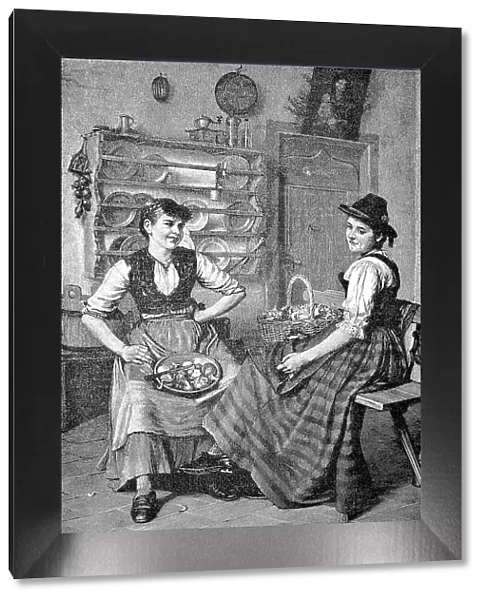 Two woman at work in the kitchen, cleaning vegetables, 1880, Austria, Historic, digital reproduction of an original 19th-century painting