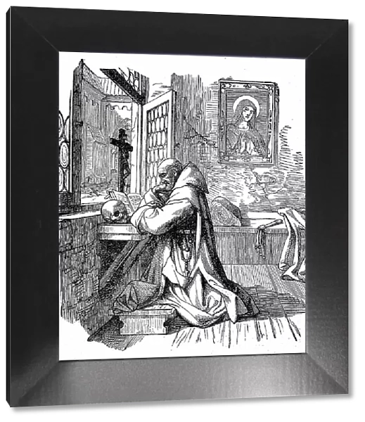 Praying monk in his would-be cell, 1881, France, Historic, digital reproduction of an original 19th-century painting