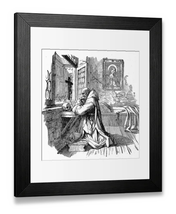 Framed Print : Praying monk in his would-be cell, 1881, France, Historic, digital reproduction of an original 19th-century painting Framed Print : Praying monk in his would-be cell, 1881, France, Historic, digital reproduction of an original 19th-century painting