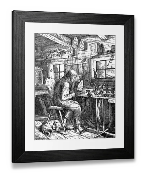 Framed Print : Workshop of a clockmaker in the Black Forest, Germany, Historic, digital reproduction of an original 19th-century model Framed Print : Workshop of a clockmaker in the Black Forest, Germany, Historic, digital reproduction of an original 19th-century model