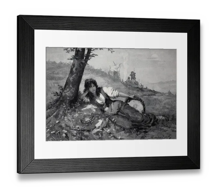 Framed Print : Lunch break in the puszta, Hungary, Gypsy girl with musical instrument has lain down in the meadow next to a tree, Historical, digital reproduction of a 19th century original, original date unknown Framed Print : Lunch break in the puszta, Hungary, Gypsy girl with musical instrument has lain down in the meadow next to a tree, Historical, digital reproduction of a 19th century original, original date unknown