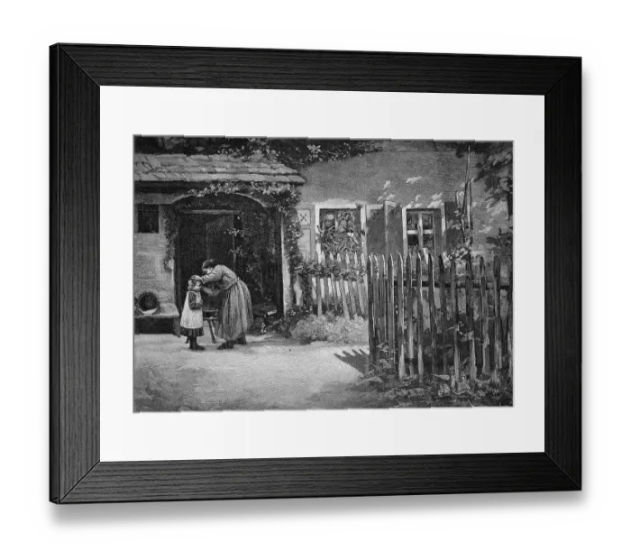 Framed Print : Rural toilet, mother cleaning her child in the garden of the farm, garden fence, Germany, Historic, digital reproduction of an original 19th century painting, original date not known Framed Print : Rural toilet, mother cleaning her child in the garden of the farm, garden fence, Germany, Historic, digital reproduction of an original 19th century painting, original date not known