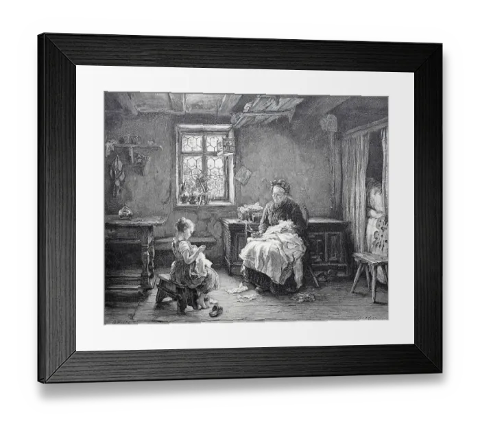 Framed Print : Grandmother Teaching Granddaughter to Sew, 1878, Germany, Historic, digitally restored reproduction of an original 19th century pattern Framed Print : Grandmother Teaching Granddaughter to Sew, 1878, Germany, Historic, digitally restored reproduction of an original 19th century pattern