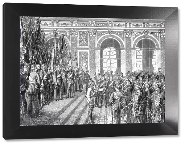 Wilhelm I is proclaimed German Emperor in the Hall of Mirrors in Versailles, France, Historic, digitally restored reproduction of an original 19th-century artwork