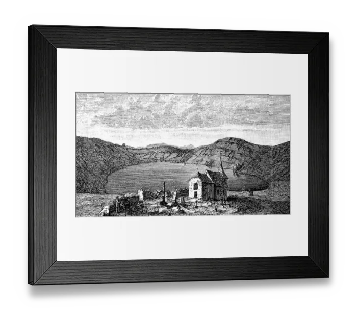 Framed Print : Vineyards and church at a maar in the Eifel, Germany, in 1880, Historic, digitally restored reproduction of an original 19th century original Framed Print : Vineyards and church at a maar in the Eifel, Germany, in 1880, Historic, digitally restored reproduction of an original 19th century original