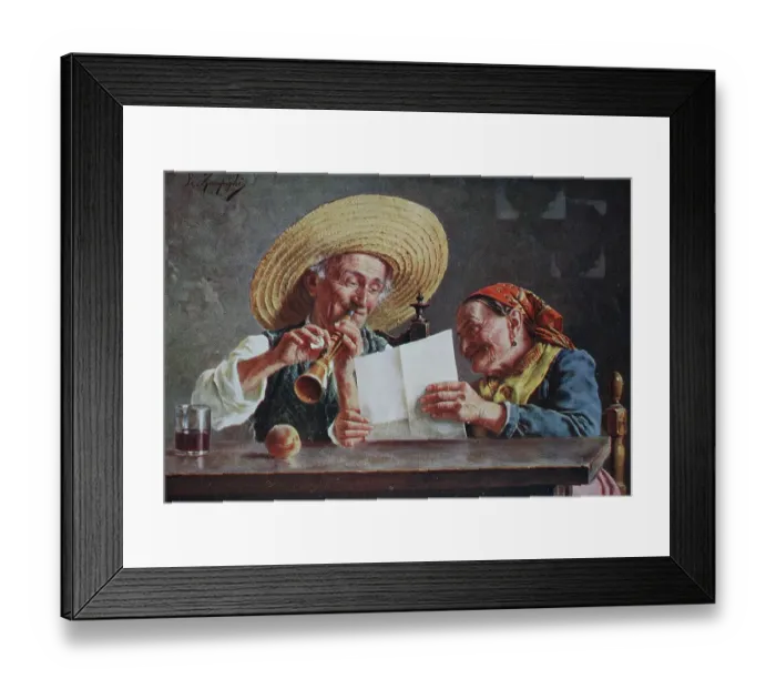 Framed Print : An old couple making music at home, he playing the flute and his woman holding the notes, 1880, Spain, Historic, digitally restored reproduction of an original 19th-century painting Framed Print : An old couple making music at home, he playing the flute and his woman holding the notes, 1880, Spain, Historic, digitally restored reproduction of an original 19th-century painting