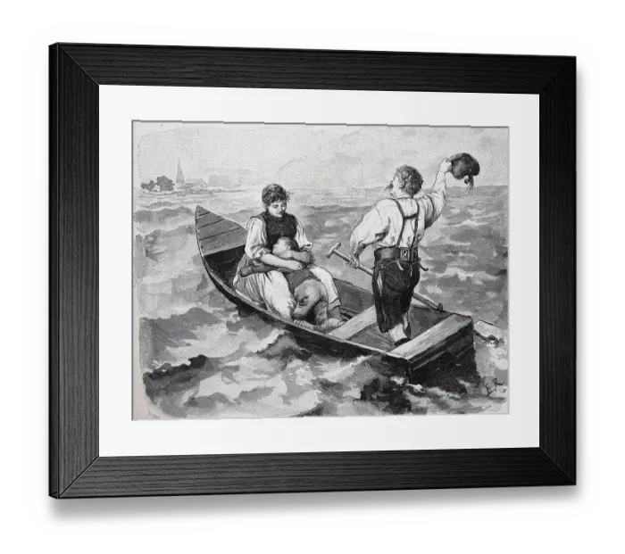 Framed Print : Couple with child crossing the lake in a barge, Austria, Historic, digitally restored reproduction of an original 19th-century original