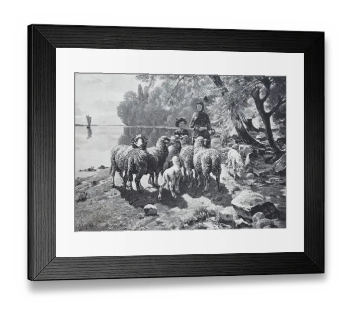 Framed Print : Sheep on Lake Constance, Germany, Couple Watching the Animals, Historical, digitally restored reproduction of an original 19th-century print Framed Print : Sheep on Lake Constance, Germany, Couple Watching the Animals, Historical, digitally restored reproduction of an original 19th-century print