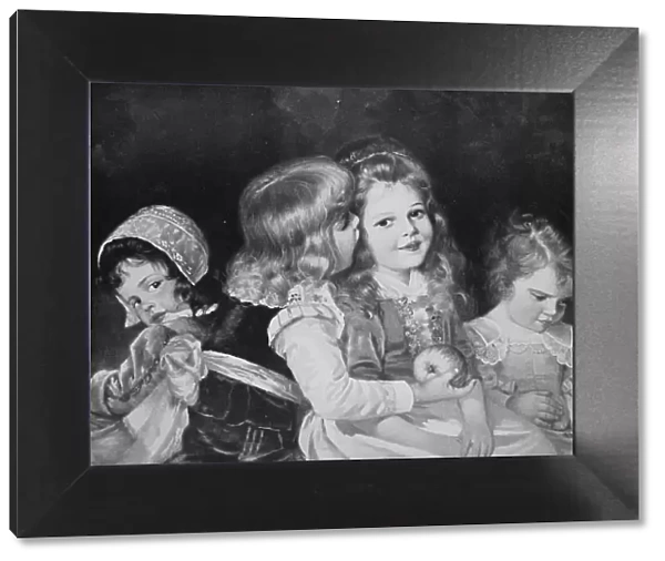 Four Girls Playing with an Apple, 1880, Germany, Historical, digital reproduction of an original 19th century painting, original date not known