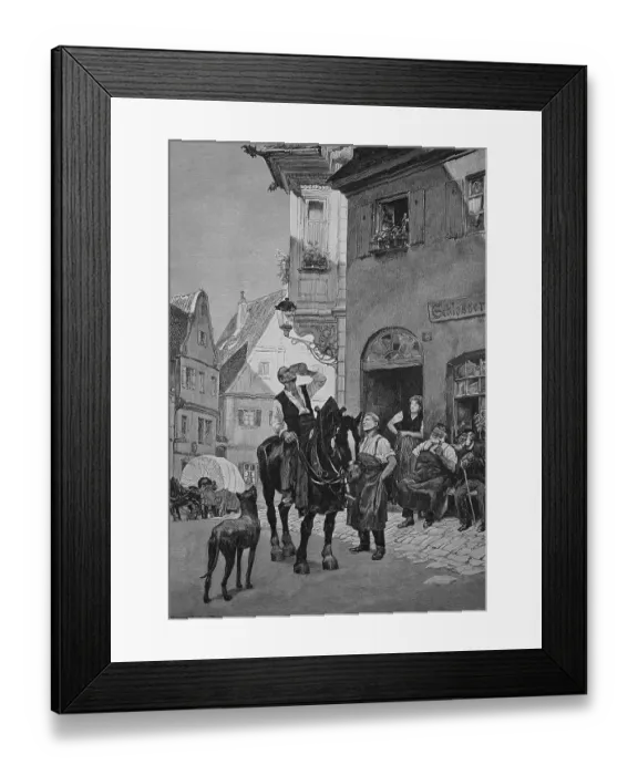 Framed Print : After-work drink, man on his way home from work has a mug of beer given to him in the pub and drinks it without getting off the horse, 1887, Germany, Historical, digital reproduction of an original 19th century original, original date not known Framed Print : After-work drink, man on his way home from work has a mug of beer given to him in the pub and drinks it without getting off the horse, 1887, Germany, Historical, digital reproduction of an original 19th century original, original date not known
