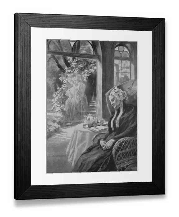 Framed Print : A dream, the elderly lady has fallen asleep in her wicker chair and is dreaming of the past, her wedding, 1878, Germany, Historical, digital reproduction of an original 19th century original, original date not known