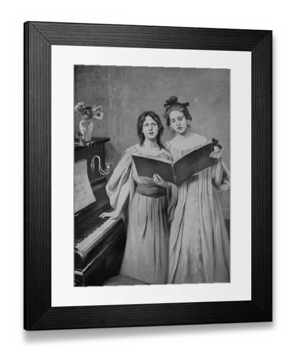 Framed Print : Historic, digital reproduction of an original 19th century print, original date unknownHouse music, two woman with piano and songbook singing, 1880, Germany Framed Print : Historic, digital reproduction of an original 19th century print, original date unknownHouse music, two woman with piano and songbook singing, 1880, Germany