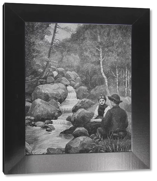 Boy and girl at the torrent fishing with a primitive rod, Germany, 1899, Historic, digital reproduction of an original 19th-century painting, original date unknown
