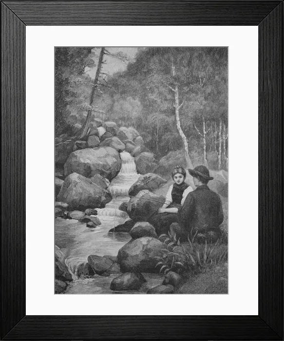 Framed Print : Boy and girl at the torrent fishing with a primitive rod, Germany, 1899, Historic, digital reproduction of an original 19th-century painting, original date unknown Framed Print : Boy and girl at the torrent fishing with a primitive rod, Germany, 1899, Historic, digital reproduction of an original 19th-century painting, original date unknown