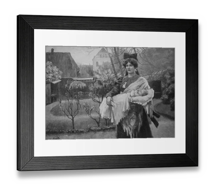 Framed Print : Woman in Sunday traditional costume holding the newborn baby in her arms on her first outing outdoors, 1880, Germany, Historic, digital reproduction of an original 19th-century painting, original date unknown Framed Print : Woman in Sunday traditional costume holding the newborn baby in her arms on her first outing outdoors, 1880, Germany, Historic, digital reproduction of an original 19th-century painting, original date unknown