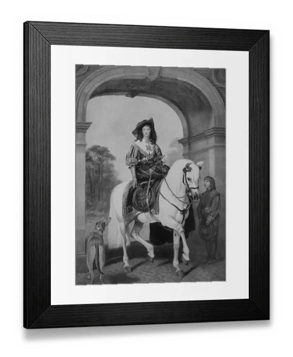 Framed Print : The Horsewoman, distinguished lady riding through the city gate in a lady's seat on a white horse, after a painting by J. E. Millais and Landseer, 1880, Germany, Historic, digital reproduction of a 19th century original, original date not known