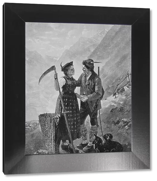 Affectionate meeting of a farmer's woman with a scythe and a grass basket and a hunter with a rifle and two dachshunds, 1880, Bavaria, Germany, Historic, digital reproduction of an original from the 19th century, original date not known