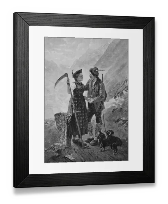 Framed Print : Affectionate meeting of a farmer's woman with a scythe and a grass basket and a hunter with a rifle and two dachshunds, 1880, Bavaria, Germany, Historic, digital reproduction of an original from the 19th century, original date not known Framed Print : Affectionate meeting of a farmer's woman with a scythe and a grass basket and a hunter with a rifle and two dachshunds, 1880, Bavaria, Germany, Historic, digital reproduction of an original from the 19th century, original date not known