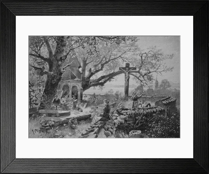 Framed Print : Cemetery at Lake Starnberg, Bavaria, Germany, the woman prays at the grave while the children are playing, 1880, Historic, digital reproduction of an original 19th century painting, original date unknown Framed Print : Cemetery at Lake Starnberg, Bavaria, Germany, the woman prays at the grave while the children are playing, 1880, Historic, digital reproduction of an original 19th century painting, original date unknown
