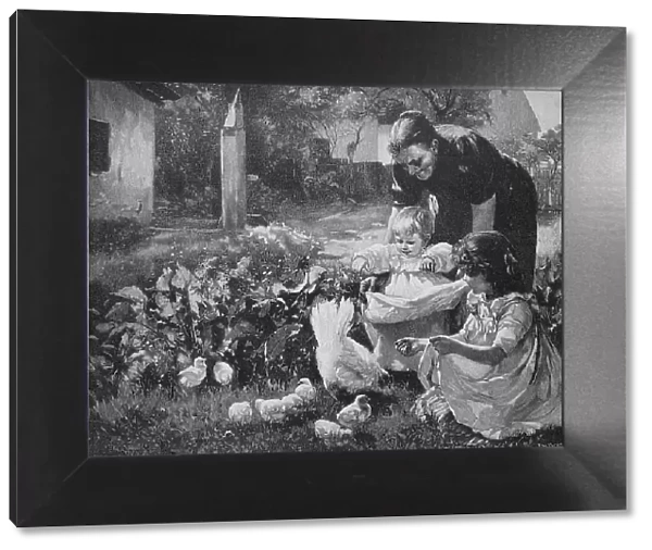 Grandmother showing the baby the freshly hatched chicks, chickens, in the garden, 1880, Germany, Historic, digital reproduction of an original 19th-century painting, original date not known