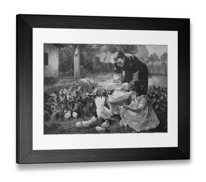 Framed Print : Grandmother showing the baby the freshly hatched chicks, chickens, in the garden, 1880, Germany, Historic, digital reproduction of an original 19th-century painting, original date not known Framed Print : Grandmother showing the baby the freshly hatched chicks, chickens, in the garden, 1880, Germany, Historic, digital reproduction of an original 19th-century painting, original date not known