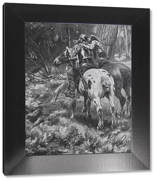 Two highwaymen on horses wait in the forest for their next victim (1898), Germany, Historic, digital reproduction of an original 19th century painting, original date unknown