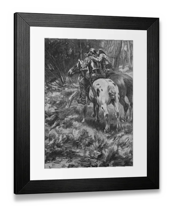 Framed Print : Two highwaymen on horses wait in the forest for their next victim (1898), Germany, Historic, digital reproduction of an original 19th century painting, original date unknown Framed Print : Two highwaymen on horses wait in the forest for their next victim (1898), Germany, Historic, digital reproduction of an original 19th century painting, original date unknown