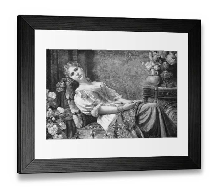 Framed Print : Resting, young woman sitting in an armchair in the living room on Sunday afternoon, taking a break from sewing or embroidery, 1880, Germany, Historic, digital reproduction of a 19th century original, original date unknown Framed Print : Resting, young woman sitting in an armchair in the living room on Sunday afternoon, taking a break from sewing or embroidery, 1880, Germany, Historic, digital reproduction of a 19th century original, original date unknown