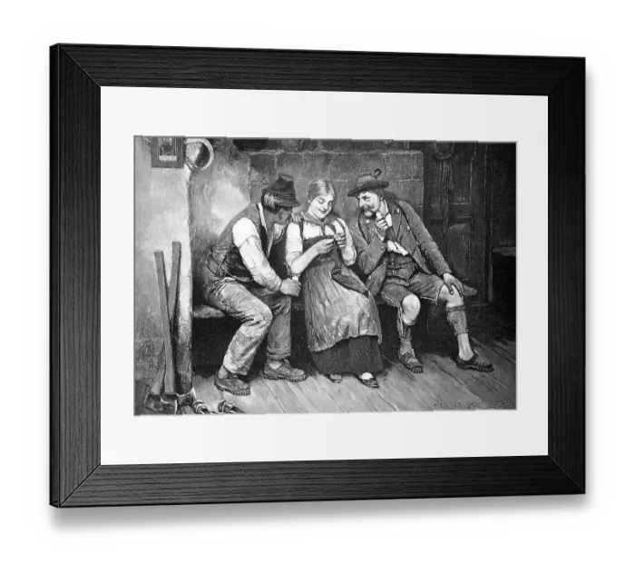 Framed Print : A warm place, at the tiled stove the farmer's daughter is sitting and knitting, two men are sitting next to her and try to get into a conversation with her, Bavaria, Germany, Historic, digital reproduction of an original from the 19th century