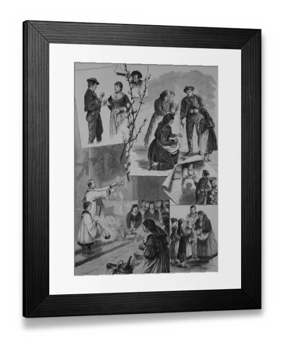 Framed Print : Easter customs in Lower Bavaria, playing with Easter eggs, planting consecrated wooden crosses and palm willows, consecrating food, and giving away eggs and consecrated pretzels, 1880, Germany, Historical Framed Print : Easter customs in Lower Bavaria, playing with Easter eggs, planting consecrated wooden crosses and palm willows, consecrating food, and giving away eggs and consecrated pretzels, 1880, Germany, Historical
