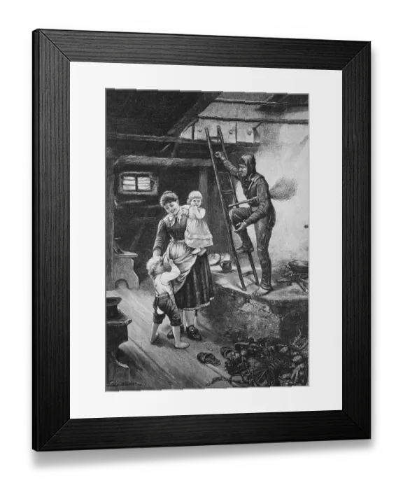 Framed Print : The chimney sweep is in the house, one of the children is afraid of the bogeyman, 1887, Germany, Historic, digital reproduction of an original 19th century painting, original date not known Framed Print : The chimney sweep is in the house, one of the children is afraid of the bogeyman, 1887, Germany, Historic, digital reproduction of an original 19th century painting, original date not known
