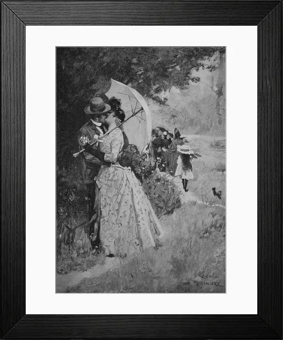 Framed Print : A favourable moment, couple kissing under an umbrella, 1880, Austria, Historic, digital reproduction of an original 19th century print, original date not known Framed Print : A favourable moment, couple kissing under an umbrella, 1880, Austria, Historic, digital reproduction of an original 19th century print, original date not known