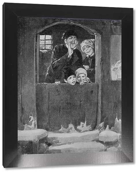 Prosit Neujahr, Family calls a greeting to the neighbours, 1880, Germany, Historic, digital reproduction of an original 19th-century template, original date not known
