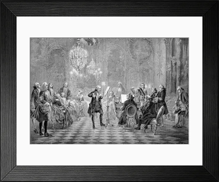 Framed Print : A concert by Frederick the Great, 1712 to 1786, here in Potsdam, Germany, Historisch, historical, digitally improved reproduction of an original from the 19th century, digitally restored reproduction of an original from the 19th century