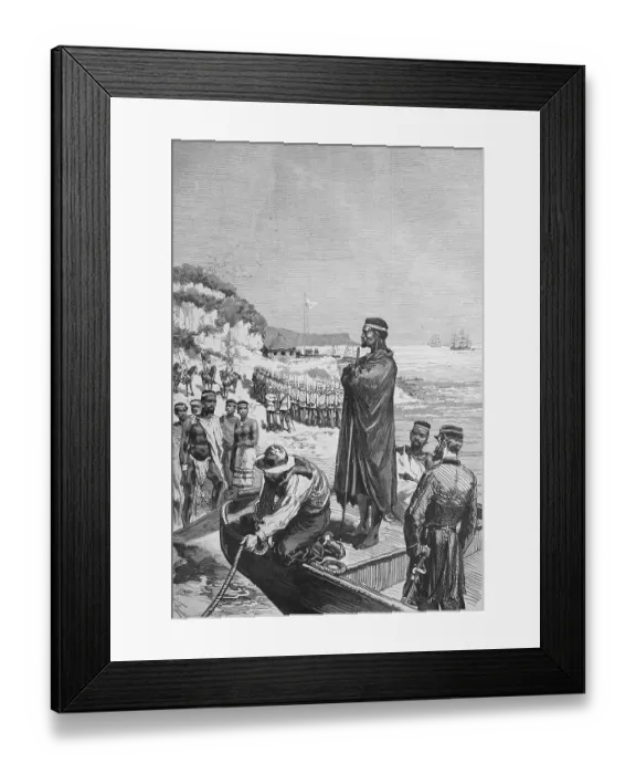 Framed Print : Embarkation of captured Zulu Ketschwaeyo chief at Durnfort for voyage to Cape Town, 1880, South Africa, Historic, historical, digitally improved reproduction of an original from the 19th century Framed Print : Embarkation of captured Zulu Ketschwaeyo chief at Durnfort for voyage to Cape Town, 1880, South Africa, Historic, historical, digitally improved reproduction of an original from the 19th century