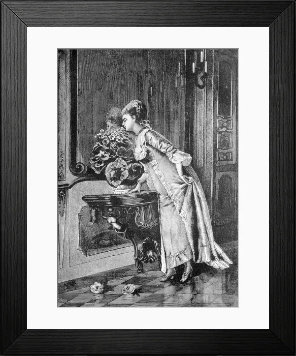 Framed Print : Favorite flower, fine lady smells a bouquet of flowers standing in front of a mirror, France, Historic, historical, digitally improved reproduction of an original from the 19th century Framed Print : Favorite flower, fine lady smells a bouquet of flowers standing in front of a mirror, France, Historic, historical, digitally improved reproduction of an original from the 19th century
