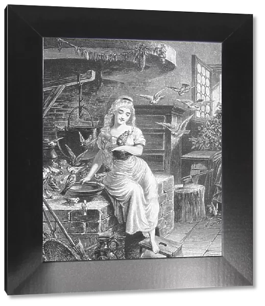 Cinderella or Cinderella, girl sitting at the stove surrounded by many birds, kitchen scene, Germany, Historisch, historical, digitally improved reproduction of an original from the 19th century
