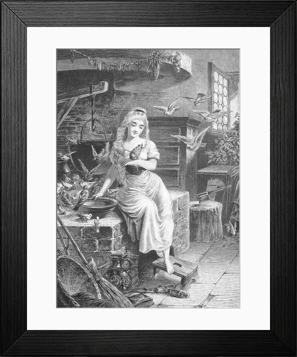 Framed Print : Cinderella or Cinderella, girl sitting at the stove surrounded by many birds, kitchen scene, Germany, Historisch, historical, digitally improved reproduction of an original from the 19th century Framed Print : Cinderella or Cinderella, girl sitting at the stove surrounded by many birds, kitchen scene, Germany, Historisch, historical, digitally improved reproduction of an original from the 19th century
