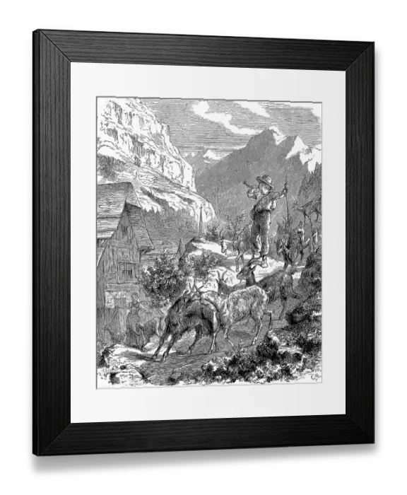 Framed Print : The young goatherd returns from the mountain pasture to the stable with his goats in the evening, 1880, Switzerland, digitally restored reproduction of an original 19th-century painting Framed Print : The young goatherd returns from the mountain pasture to the stable with his goats in the evening, 1880, Switzerland, digitally restored reproduction of an original 19th-century painting