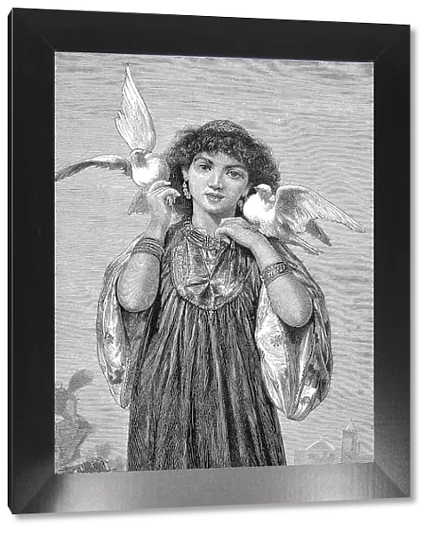 Girl with White Doves from the Banks of the Nile, 1880, Egypt, digitally restored reproduction of an original 19th-century original