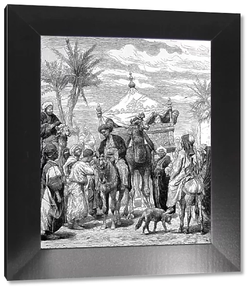 The landlord returns from the pilgrimage in 1879 from Mecca and is greeted by his subjects, camel with a travelling litter, Egypt, digitally restored reproduction of an original from the 19th century