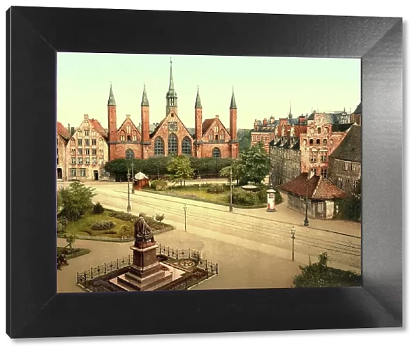 The Hospital and the Old Town of Luebecl, Schleswig-Holstein, Germany, Historic, digitally restored reproduction of a photochrome print from the 1890s