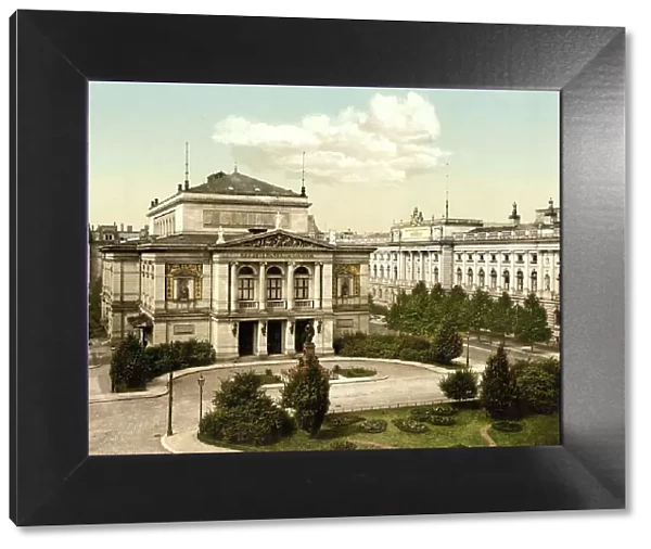 The new concert hall and library in Leipzig, Saxony, Germany, Historic, digitally restored reproduction of a photochrome print from the 1890s