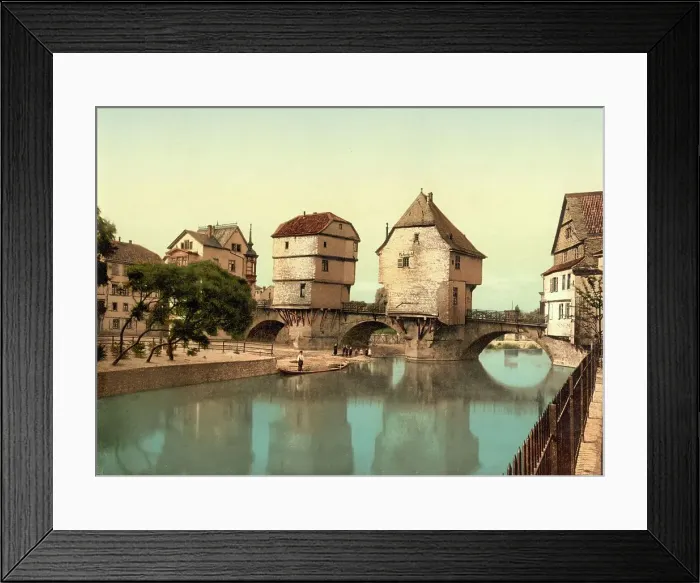 Framed Print : The bridge houses at the old Nahe bridge in Bad Kreuznach, Rhineland-Palatinate, Germany, historical, photochrome print from the 1890s Framed Print : The bridge houses at the old Nahe bridge in Bad Kreuznach, Rhineland-Palatinate, Germany, historical, photochrome print from the 1890s