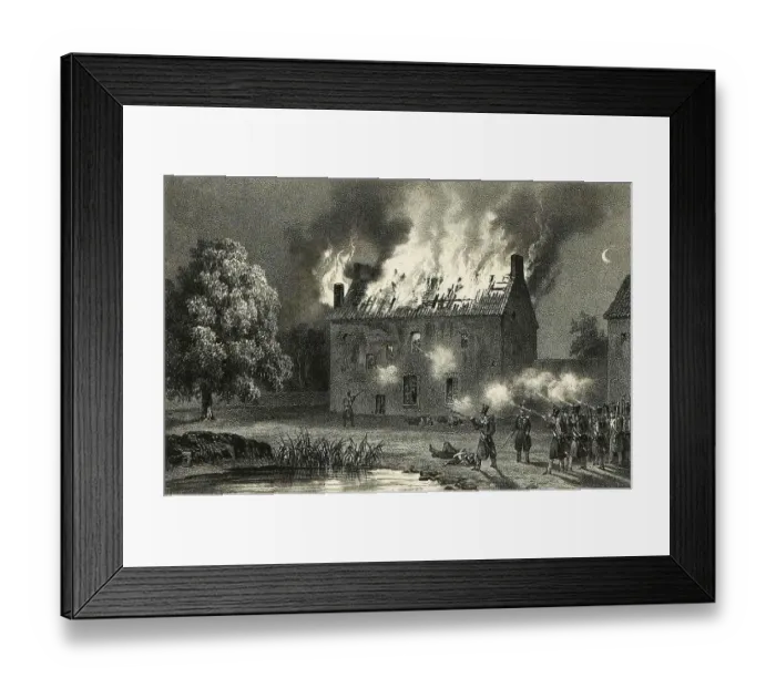 Framed Print : View of the Penissiere Commune, at the time of the battle, burning house, 1832, France, Historic, digitally restored reproduction from a 19th century original Framed Print : View of the Penissiere Commune, at the time of the battle, burning house, 1832, France, Historic, digitally restored reproduction from a 19th century original