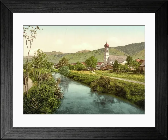 Framed Print : Oberammergau, town view over the river Ammer, Bavaria, Germany, Historic, photochrome print from the 1890s Framed Print : Oberammergau, town view over the river Ammer, Bavaria, Germany, Historic, photochrome print from the 1890s