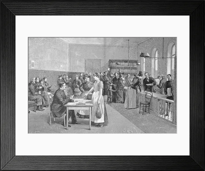 Framed Print : Historical illustration of a situation in the Savings Bank Berlin, around 1880, Germany, people and bank employees, Historical, digitally restored reproduction of a 19th century original, exact original date unknown Framed Print : Historical illustration of a situation in the Savings Bank Berlin, around 1880, Germany, people and bank employees, Historical, digitally restored reproduction of a 19th century original, exact original date unknown